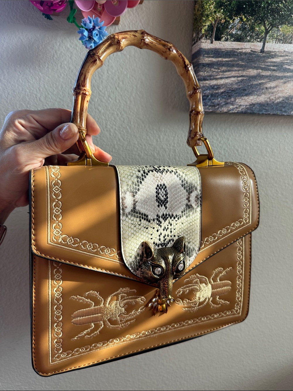 Statement Bamboo Handle Satchel Beetle Clasp Embroidered Bag Snake Luxe Boutique